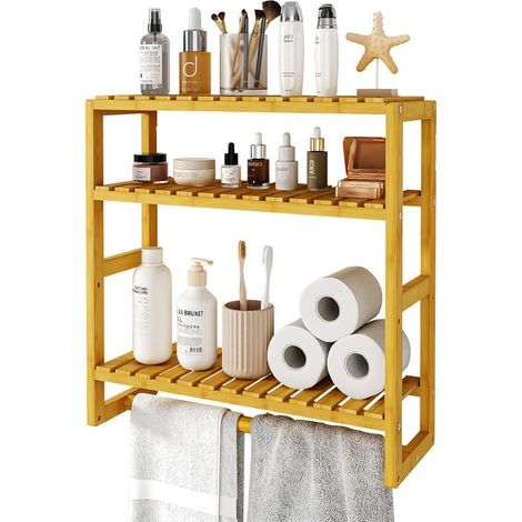 Étagère de salle de bain en bambou à 3 étages, meuble mural, peu encombrant, moderne, 42 x 15 x 42 cm (1/5)