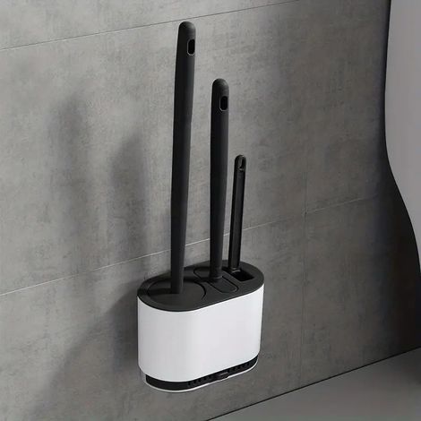 Ensemble de 3 brosses WC modernes pour salle de bain, support mural, brosses à poils durs, installation sans perçage, noir (1/5)