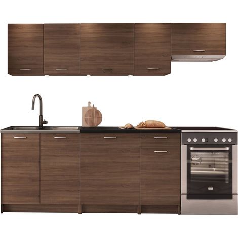Cuisine complète Ota II, Noyer + Noir, 240x60cm, Disponible, Stratifié, LED: Disponible (1/4)