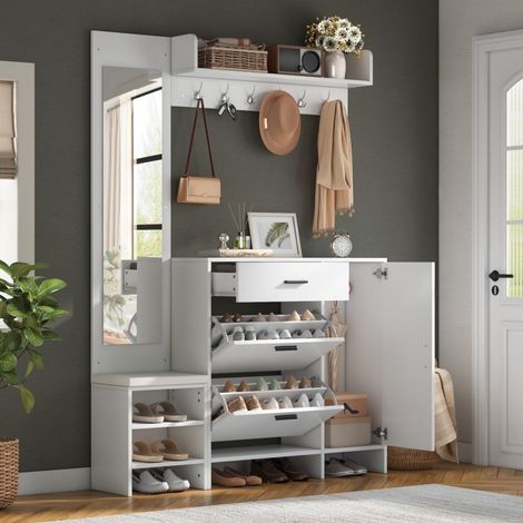Meuble d'entrée multifonction blanc 140x30x200cm avec placard à chaussures, banquette intégrée, miroir et patères pour couloir (1/5)