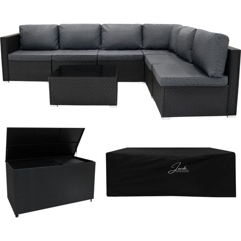 Rattan Gartenmöbel 7-teiliges Set Schwarz Sofa Tisch 700L Aufbewahrungsbox