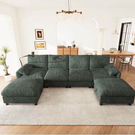 Sofá esquinero modular de 6 plazas, 273,5x133x81 cm, en forma de L o de U, con 2 otomanas con almacenamiento, chenilla verde (1/5)