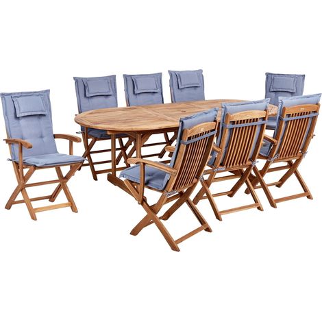 Ensemble de Jardin en Bois d'Acacia 8 Places Table et Chaises Pliantes avec Coussins Bleu Maui II (1/5)