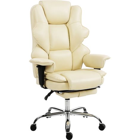 Bürostuhl mit Fuß- und Kopfstütze, PU-Leder, Schaumstoff und Metall, 76 x 73 x 117–125 cm, Cremeweiß