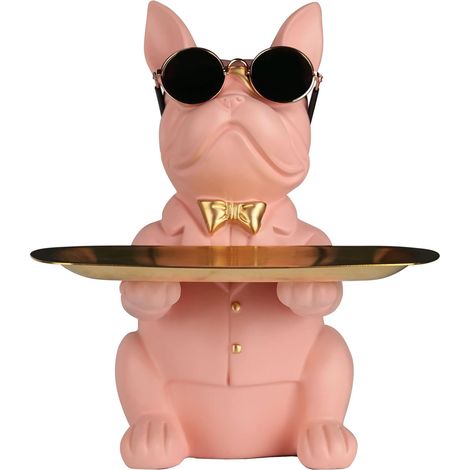 Statue de rangement bouledogue rose en résine, tirelire, décor maison, plateau pour clés, bonbons, petits objets (1/5)