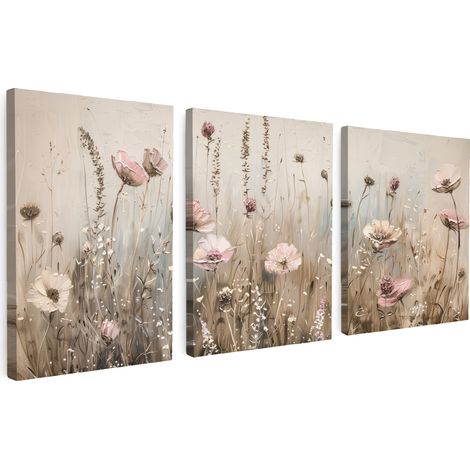 MULTI-PANEL WALL ART Trittico Set of 3 Flowers - Beige - Modern - Pink 90x40 cm