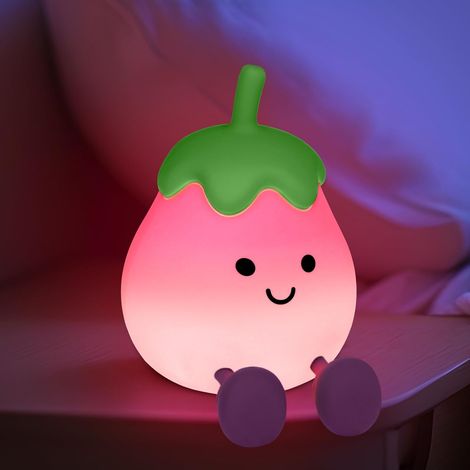 Lámpara de noche con forma de berenjena para niños, bonita lámpara de noche con temporizador, recargable de silicona, portátil, ideal para niños y niñas [Clase energética A] (1/5)