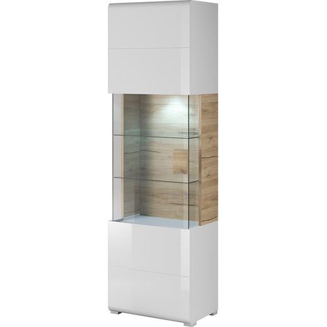 Vitrinen-Designkollektion OHIO, hohes Modell. Farbe Weiß und Eichenoptik-Finish.