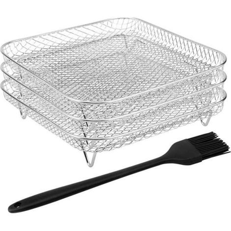 Support de Friteuse à Air Carré de 8Pouces, Friteuse à Air Trois Supports Empilables avec Brosse en Aluminium, Accessoires de (1/4)