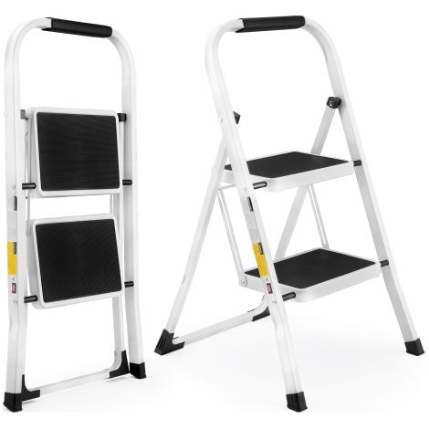 Escabeau à 2 marches, marchepied pliant léger pour adultes avec marche antidérapante, escabeau robuste et portable avec rampes, capacité de 150 kg pour la cuisine et la maison (1/5)