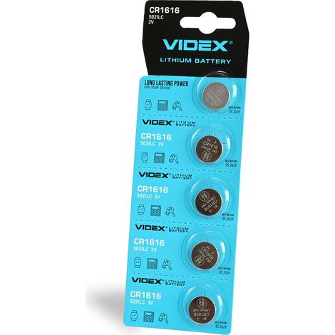 Paquete de 5 baterías de litio Videx CR1616 en blíster.
