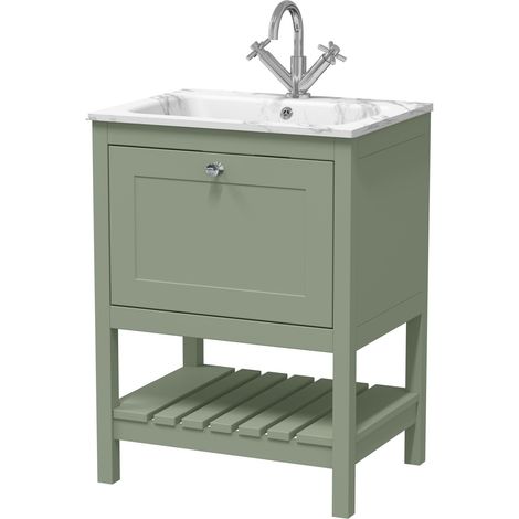Coppenhall Contemporary 1 Drawer Floor Standing Vanity Unit with Stone Basin, Fern Green, 600mm