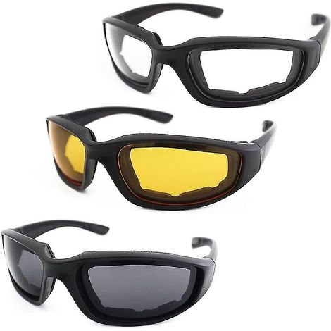 Lot de 3 lunettes de moto rembourrées, protection UV, anti-poussière et coupe-vent, gris + blanc + jaune (1/5)