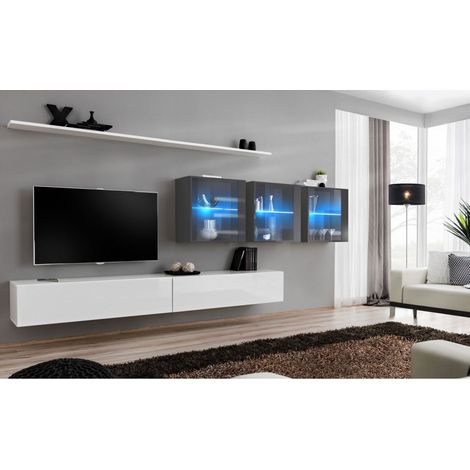 Ensemble mural - Switch XVII - 3 vitrines LED - 2 banc TV - 2 étagères - Blanc et graphite - Modèle 1 - Livraison gratuite