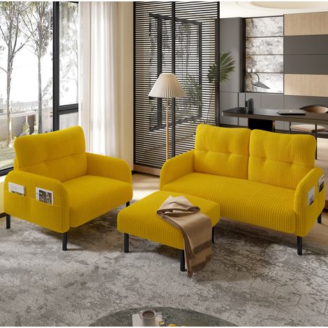 Sofá de 2 plazas con sillón y puf, tapizado en cord amarillo HAVRYA (1/5)