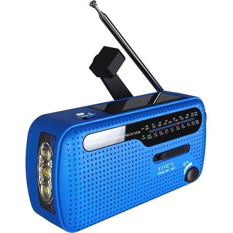 Radio Mission, radio de survie portable AM/FM/SW à énergie solaire et à manivelle, avec chargeur USB pour téléphone portable, batterie, dynamo et lampe torche. (1/5)