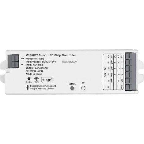 Contrôleur de ruban LED 5-en-1 WiFi et Bluetooth, intensité variable, monochrome/RGB/RGBW/WW+CW/RGBCCT, application Smart Life, alimentation 12-24 V CC (1/5)