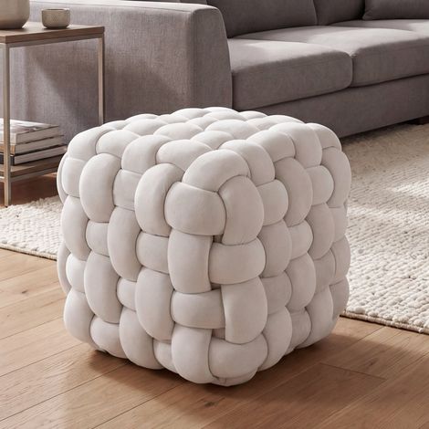 Pouf HWC-Q48, pouf ottomane rembourré à noeuds, velours (220 g/m2) 39 cm - beige (1/5)