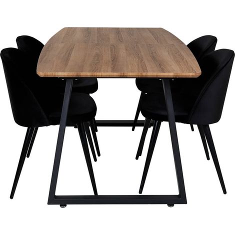 IncaNABL Essgruppe Esstisch Ausziehbarer Tisch Länge cm 160 / 200 El Holz dekor und 4 Velvet Esszimmerstühle Velour schwarz. (1/5)