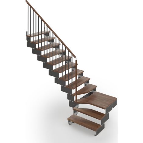 Misterstep – Escalier quart tournant 74 cm – 12 marches – 13 contremarches – Rampe avec colonnes verticales – Couleur noyer 25 et gris anthracite (1/4)