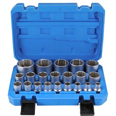 21 Pièces Coffret de Douille Multidents, 8-36 mm Douilles Torx Femelle 1/2" Profil à 12 et 6 Pans, Jeu de Clé à Douille Multiple CR-V, Boîte Bleue (1/5)
