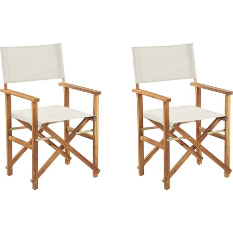 Conjunto de 2 sillas de jardín de tela blanco crema madera de acacia clara plegable director Cine (1/5)