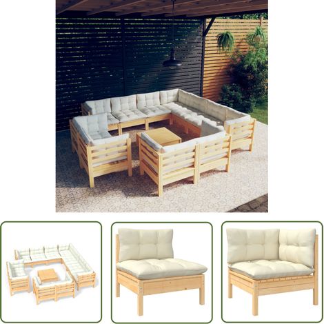 The Living Store 12-tlg. Garten-Lounge-Set mit Creme Kissen Massivholz Kiefer - Garten Lounge Set - Kiefernholzmöbel - Outdoor Möbel - Gartengeräte - Loungemöbel (1/5)