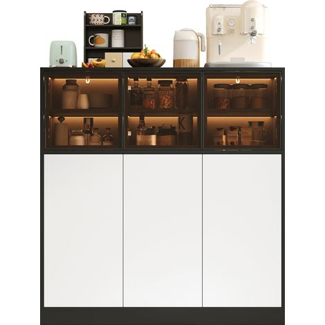 Buffet de rangement avec éclairage LED, 6 portes, 14 compartiments, façades en verre et blanc, 100 x 40 x 105 cm - CHICFURN (1/5)