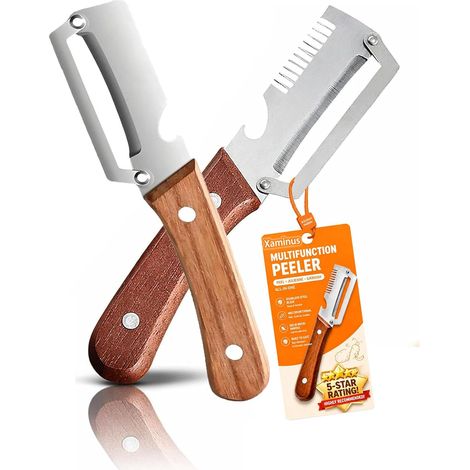 5 en 1 Éplucheur de légumes multifonction pour la cuisine avec lame en acier inoxydable ultra-aiguisée et manche en bois ergonomique, Décapsuleur, Écailleur à Poisson et Coupe-Oignon (2PCS-MIX)