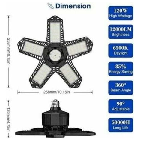 NALOOKAMIC  Lot de LED de garage - 120 W - 12000 lm - Lampe d\\'atelier - Plafonniers dformables - Panneaux E26/E27 -1 lampes,