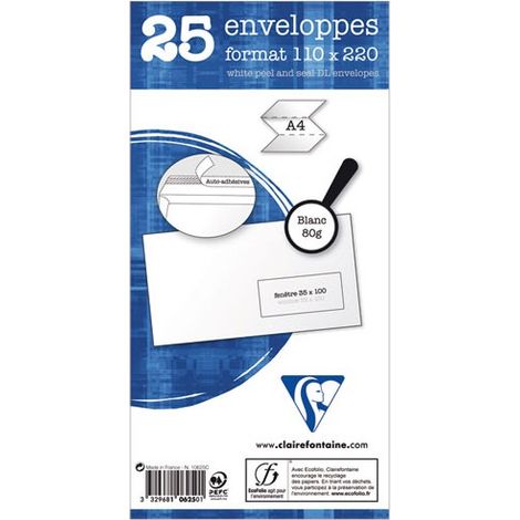 Enveloppe - CLAIREFONTAINE - Adhéclair - 110x220mm - Fenêtre - 25 unités