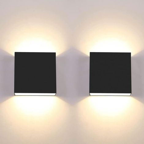 Lot de 2 appliques murales LED 7 W modernes pour intérieur, lumière blanche chaude 3 000 K, carrées, noires (1/5)