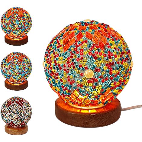 Mosaiklampe mit Holzsockel: Marokkanisches Nachtlicht, böhmisches Orange, Retro und Modern, USB, 3 dimmbare Farbtöne (Standard) (1/2)