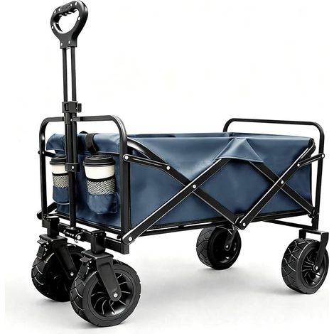 Chariot de festival pour camping, shopping et plage, poussette tout-terrain adaptée avec freins, poignée réglable robuste, sac de transport inclus, bleu. (1/5)