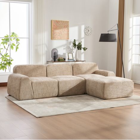 Sofá modular angular en chenilla con base antideslizante, caqui claro (1/5)