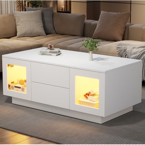 Mesa de centro LED 100 x 50 x 40 cm de MDF con 2 cajones y 2 armarios de cristal blanca (1/5)