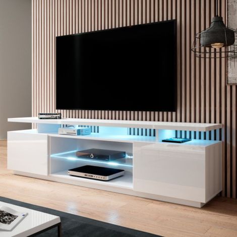 Meuble TV blanc brillant 180 cm à LED Zohra - bleu (1/4)
