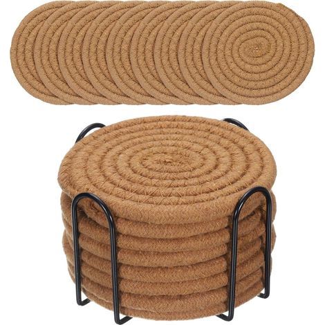 Set mit 8 runden, böhmischen Baumwolluntersetzern in Kaffeefarbe für den Esstisch, dicke Isoliermatte, runde Teesets (mit Ständer), 8 Stück (1/5)