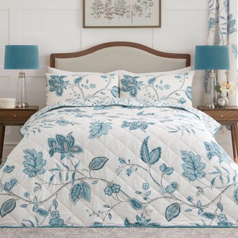 Couvre-lit Damassé Bleu Sarcelle (200 x 230 cm) - Couette Turquoise et Blanche - Couverture Rembourrée Florale - Style Traditionnel/Vintage (1/3)