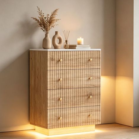 Cómoda de 5 cajones - Armario lateral - Iluminación LED tricolor - Tiradores de latón - Estante - Amplio espacio de almacenamiento - Madera clara - Estilo moderno (1/5)