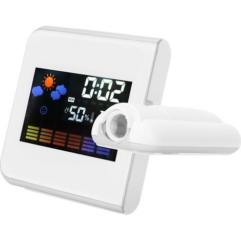 Horloge LED à projection intérieure, thermomètre, hygromètre, prévisions météo, fonction snooze, calendrier perpétuel, blanc (1/5)
