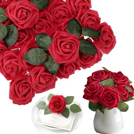 25 fleurs artificielles Roses en mousse Composition florale Roses artificielles sur tiges (7,62 x 19 cm Rouge) (1/5)