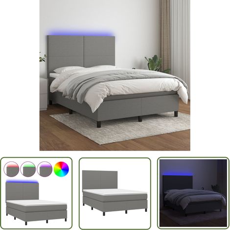 The Living Store Sommier à lattes de lit et matelas et LED Gris foncé 140x190 cm - Sommier Tapissier - Lit Plateforme - Matelas À Ressorts Ensachés - Éclairage LED - Têtière Ajustable (1/5)