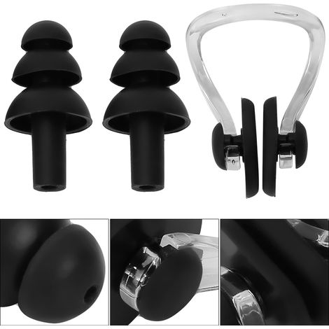 Bouchons d'oreilles et pince-nez en silicone souple étanche pour nageurs et plongeurs (Noir) (1/5)