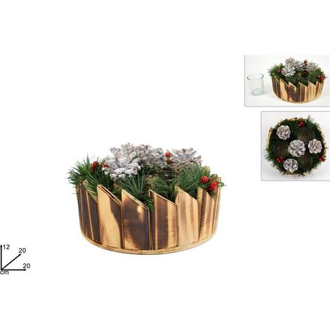 Portacandela in Legno Tondo con Pigne e Bacche 20 cm (1/2)
