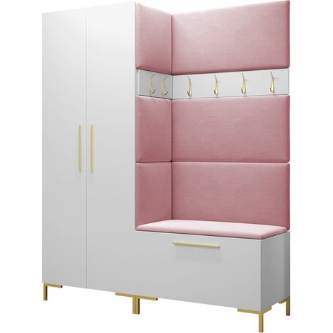 Meuble d'entrée Nomal I, Blanc, 196x158x44cm, Tissu, Stratifié, À poser, Murale