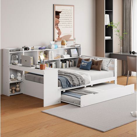 Canapé-lit 90x200 cm blanc en bois avec bureau, rangements, lit gigogne et prise USB (1/5)