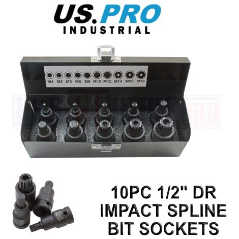 US PRO Impact Spline Bit Sockets Set 10pc 1/2"" Drive In Case M4 - M18 3435 (1/4)