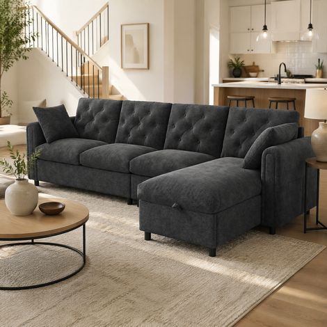 Sofá chaise longue convertible con almacenaje, terciopelo gris, 281 x 132 x 86 cm HAVRYA (1/5)
