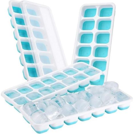 Lot de 4 Moule à Glaçons avec Couvercle Ice Tray Ice Cube de 14 Compartiment Glaçons Boîte Bac à Glaçons pour l'eau Cocktails (1/4)